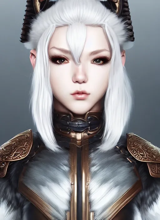 Image similar to warrior, fur leather armor!!! beautiful and elegant white hair female!! gorgeous ayes!! character concept art, sharp focus, octane render! unreal engine 5! highly rendered!! trending on artstation!! detailed linework!! illustration by artgerm, wlop, and chie yoshii