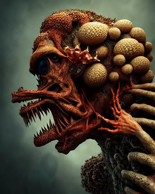 Image similar to a extremely disturbing horror photograph of a fantasy creature made out of nature and fungus, intricate, hyperrealism, sharp focus, cinematography, highly detailed, octane render, horror cgi 4 k, matte, photograph by professional photographer