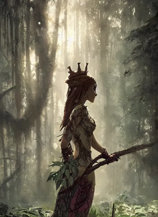 Prompt: female seductive forest legend of zelda queen of nature, beautiful face, rule of thirds, intricate outfit, backlit, by art germ, greg rutkowski, by jeremy mann, digital painting