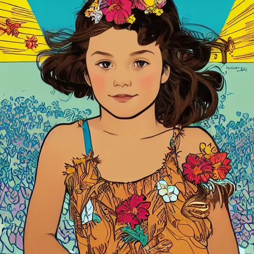 Image similar to a five - year - old caucasian girl with honey brown eyes and hair, wearing a hawaiian dress, dancing on a tropical beach, portrait, wide shot, midday light, bright colors, illustration, pop art, splash painting, graphic novel, art by geof darrow, ashley wood, alphonse mucha