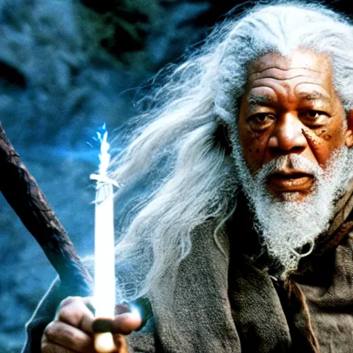 Prompt: Morgan Freeman as Gandalf the Grey casting a fireball from his staff, still from Lord of the Rings movie, detailed, 4k