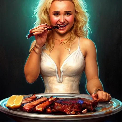 Image similar to Hayden Panettiere Eating BBQ Ribs, dripping BBQ Sauce, D&D, fantasy, intricate, elegant, highly detailed, digital painting, artstation, concept art, matte, sharp focus, illustration, hearthstone, art by Artgerm and Greg Rutkowski and Alphonse Mucha