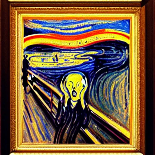 Prompt: painting of edvard munch's the scream with the two witnesses standing in the background, highly accurate, 8 k, highly ornate intricate details,