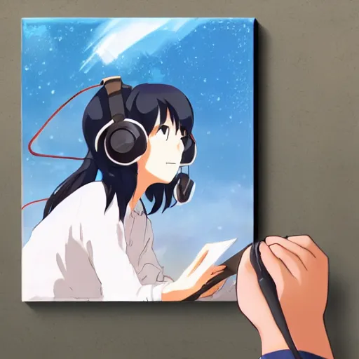 Image similar to Anime painting of a black haired girl wearing headphones while studying in her warm cozy home, by makoto shinkai, relaxed, calm, atmospheric, peacefull, trending on artstation, kimi no na wa