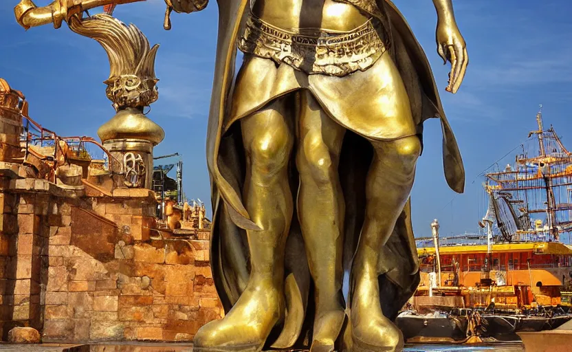 Prompt: A large brass statue of a wizard guarding the entrance to a port, landscape art, concept art, fantasy, inspiring, colossus of rhodes, bright lighting, colorful, rococo style, maritime