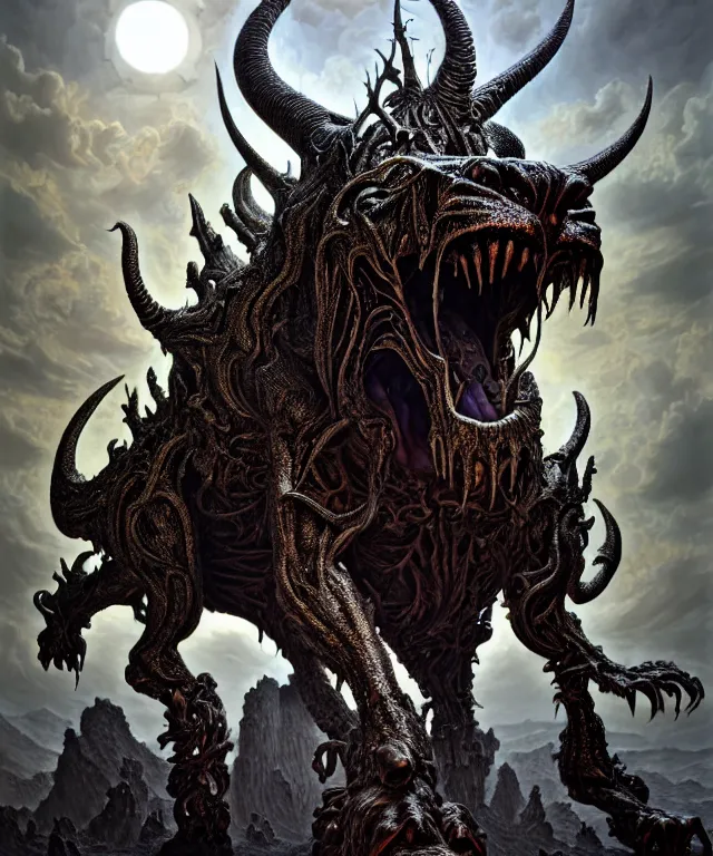 Prompt: hyperrealistic mixed media painting of Behemoth from the book of Job in the Bible, stunning 3d render inspired art by P. Craig Russell and Barry Windsor-Smith + perfect facial symmetry + dim volumetric lighting, ornate gothic silver platemail, dizzy, full body, 8k octane beautifully detailed render, post-processing, extremely hyperdetailed, intricate, epic composition, grim yet sparkling atmosphere, cinematic lighting + masterpiece, trending on artstation, very very detailed, masterpiece, stunning