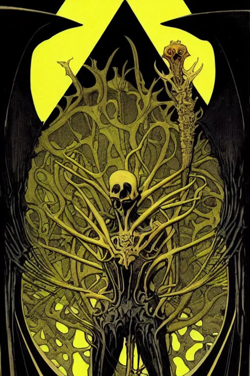 Image similar to black and yellow flat color, mucha, richard corben, wayne barlowe, moebius, heavy metal comic cover art, psychedelic triangular skeletal calcification fungus lich in darkiron spike armor, full body, hollow eyes, symmetrical face, long black crown, in a dungeon background, moody dark colors