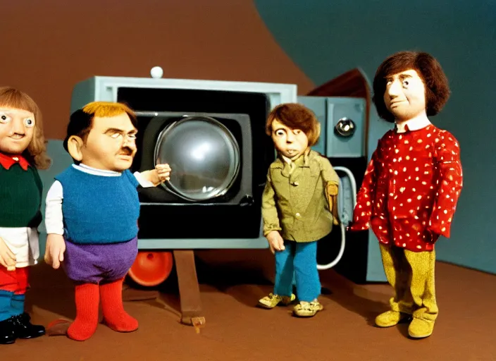 Image similar to a scene from a 1 9 7 0 s british kids tv programme by the bbc and oliver postgate, stop motion animation, peter dinklage, vhs distortion, cathode ray tube distortion, folk horror, hauntology, 8 k, 8 5 mm f 1. 8, studio lighting, rim light, right side key light