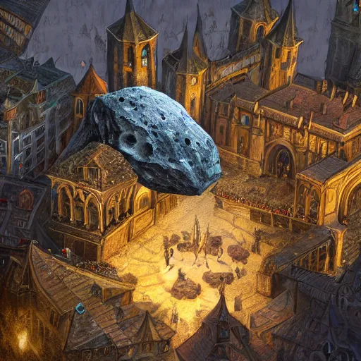 Image similar to A Giant magical gem meteorite in the middle the plaza of a medieval city, beautiful, concept art, sharp focus, highly detailed, intricate, still, photograph, fantasy, medieval, midday, day, sunny, shimmering, realistic, 8k, award winning, trending on artstation, Dungeons and dragons, tabletop, in the style of Wizards of the coast