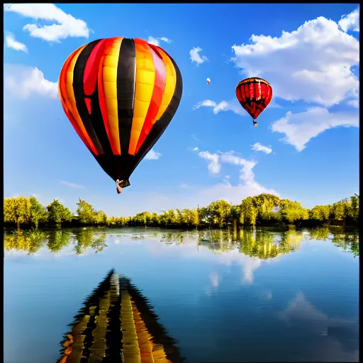 Image similar to photo of two black swans touching heads in a beautiful reflective mountain lake, a colorful hot air balloon is flying above reflecting off water, hot air balloon, intricate, 8k highly professionally detailed, centered, HDR, CGsociety