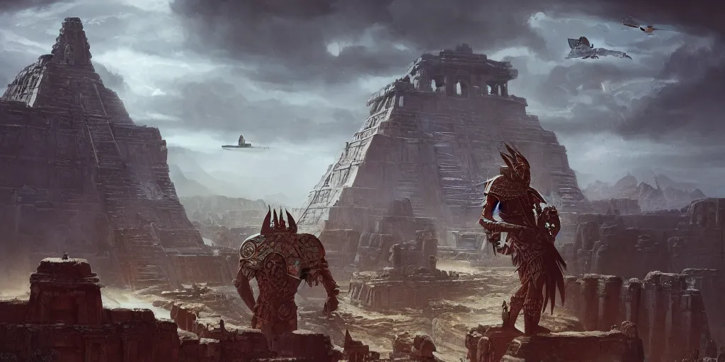 Image similar to An Aztec warrior watching ominous alien spacecraft flying above the Aztec temple. Intense dramatic epic sci-fi cinematic concept artwork in the style of Jacek Pilarski and Greg rutkowski and Sylvain Lorgeou. Trending on artstation