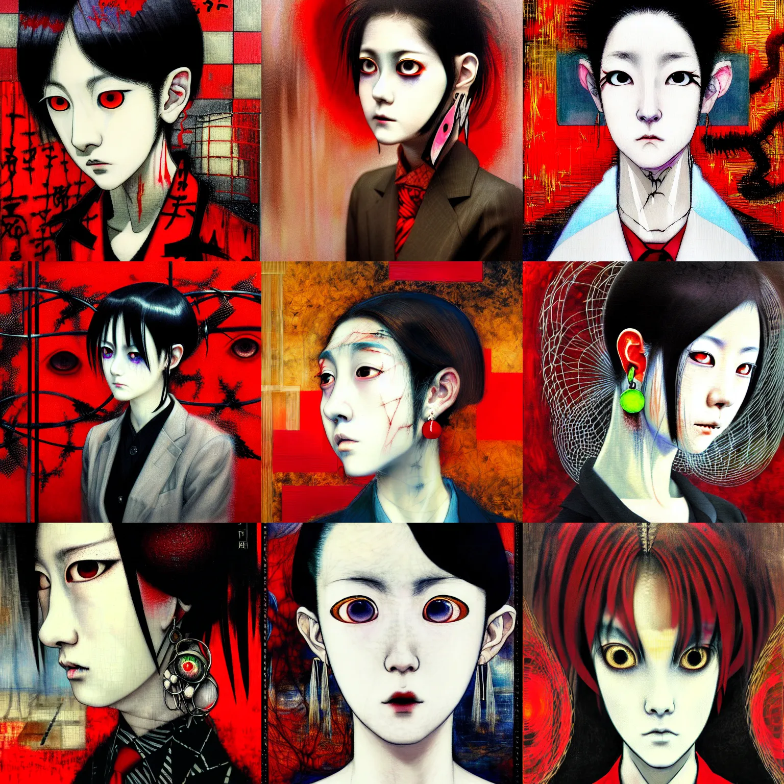 Image similar to yoshitaka amano blurred and dreamy realistic three quarter angle portrait of a sinister young woman with short hair, big earrings, barbed wire and red eyes wearing office suit with tie, junji ito abstract patterns in the background, satoshi kon anime, noisy film grain effect, highly detailed, renaissance oil painting, weird portrait angle, blurred lost edges