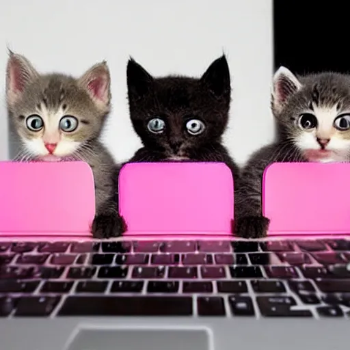 Image similar to cutest kittens in the world using a laptop with cute pink heart emojis floating in the air