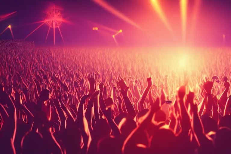 Image similar to crowd partying with their hands up at a festival, lighters, cellphones, haze, light beams, silhouette, digital art, trending on artstation, 4k, unreal engine, intricate, ornate