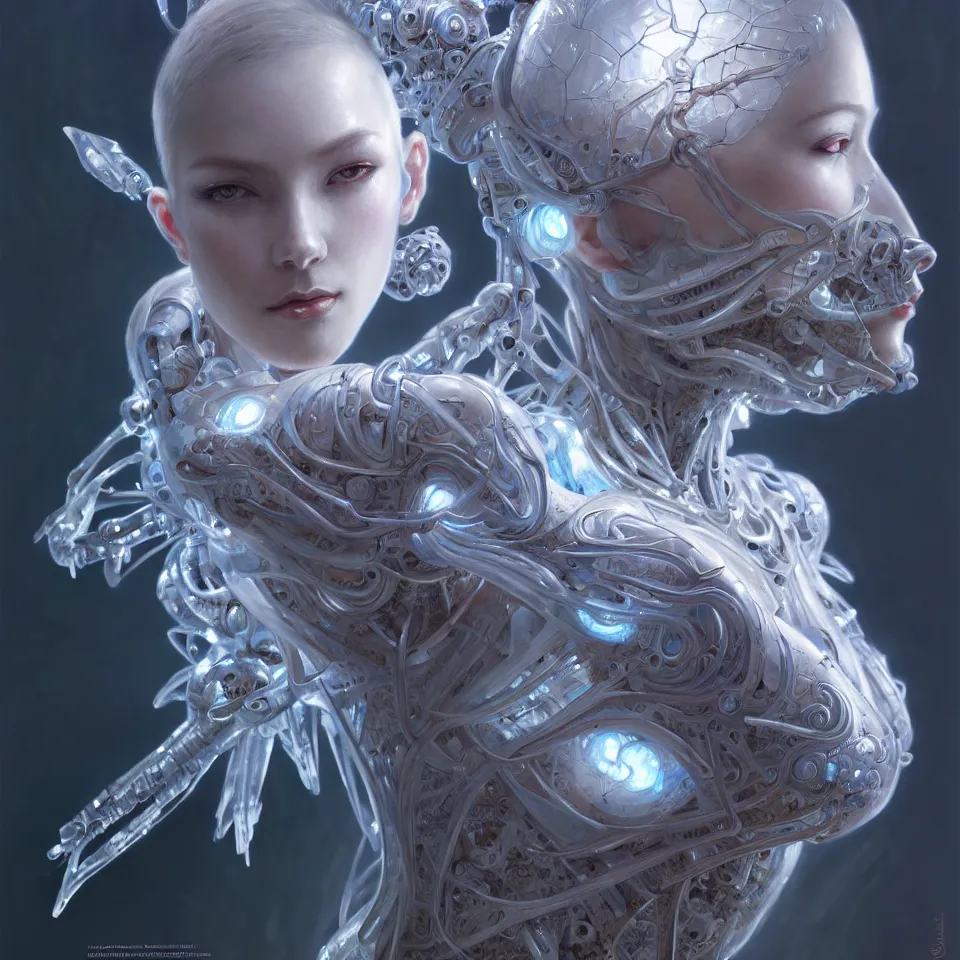Prompt: organic cyborg, Chinese ice carving, diffuse lighting, fantasy, intricate, elegant, highly detailed, lifelike, photorealistic, digital painting, artstation, illustration, concept art, smooth, sharp focus, art by John Collier and Albert Aublet and Krenz Cushart and Artem Demura and Mucha and James Jean