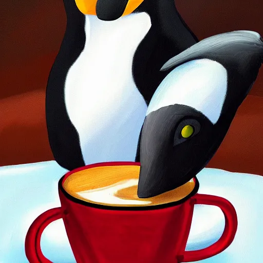 Image similar to penguin taking a coffee in the middle on the artic, trending in art station