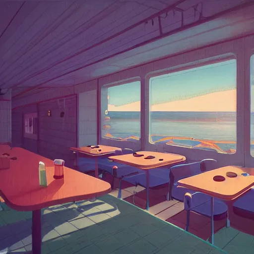 Image similar to inside diner at the beach by simon stalenhag