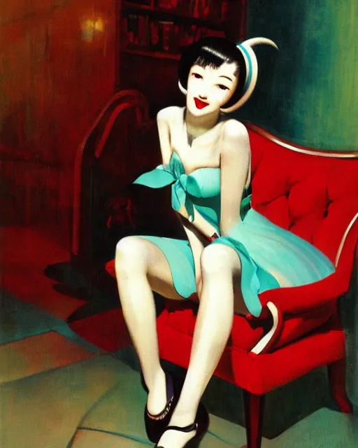 Image similar to A very beautiful painting of hatsune Miku sitting on the chair by Enoch Bolles and Gil Elvgren