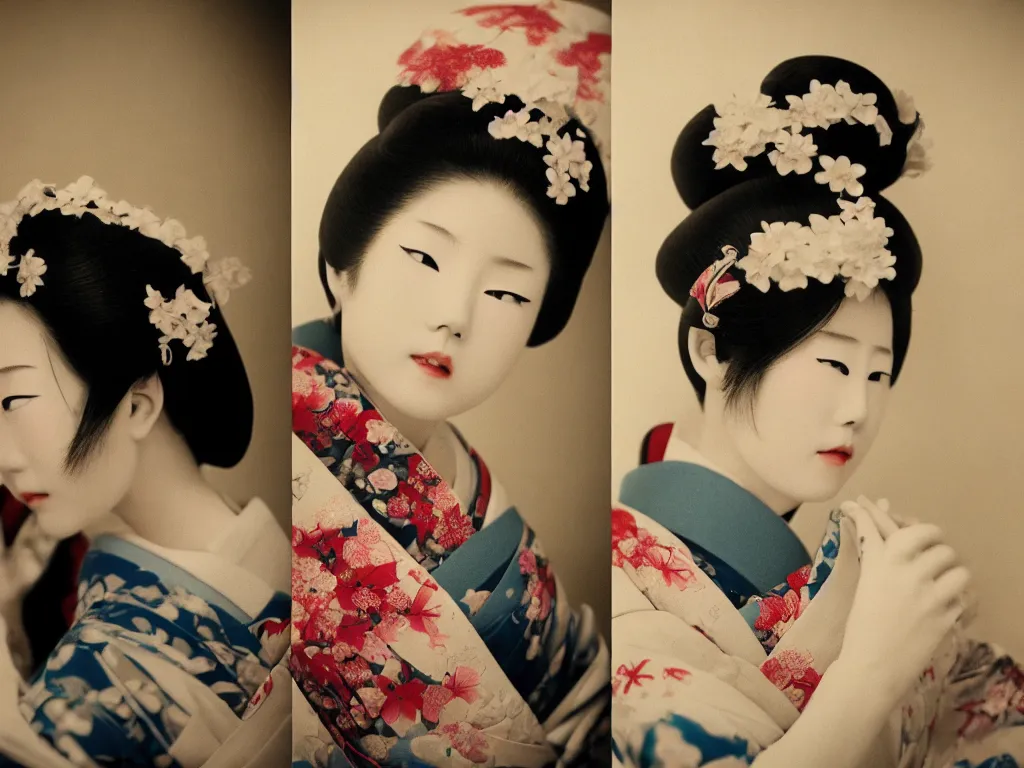 Image similar to japanese geisha, by akihito yoshida, by hayao myazaki, by yoshitaka amano, vintage, macro, f / 2 2