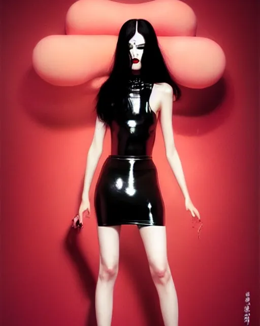 Image similar to a torso portrait of pale skin goth in shiny latex mini skirt and shiny latex tank top, very long curvy black hair explosion, red lips, pastel makeup, paint by ilya kuvshinov and ross tran and karol bak and stanley lau and anna dittmann and artgerm and xiaoguang sun and tian zi