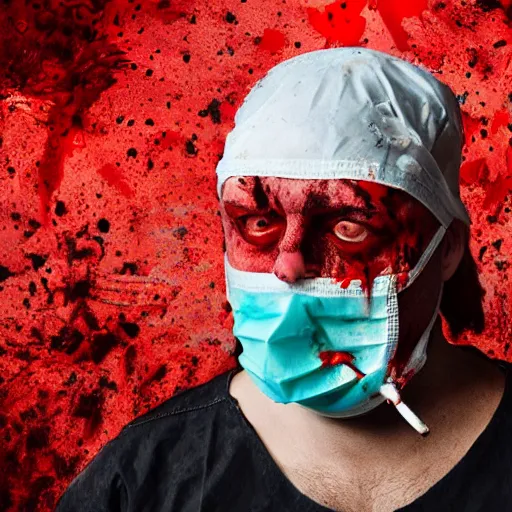 Image similar to filmic dutch angle movie still 4k UHD 35mm film color photograph of a freshly severed head with a pained expression, wearing a surgical mask , head is sideways on the floor soaked in blood, in the style of an extreme grotesque splatter horror movie