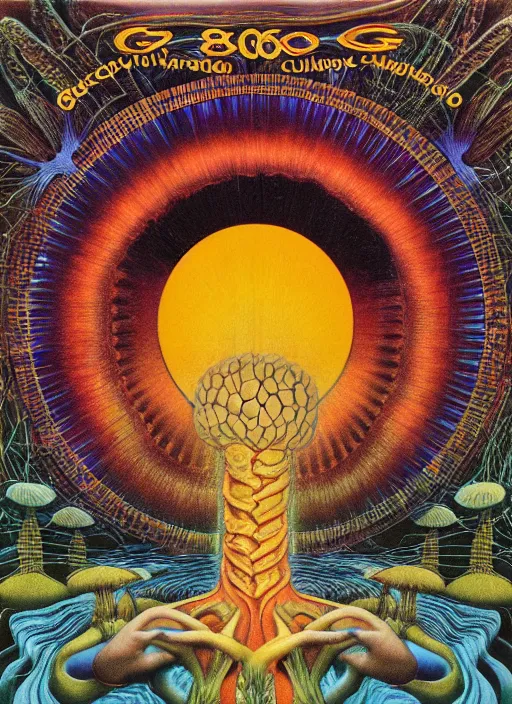 Image similar to 8 0 s new age album cover depicting a mushroom cloud in the shape of g steph curry, very peaceful mood, cardiovascular system, nervous system, oil on canvas by ernst haeckel, by frida kahlo