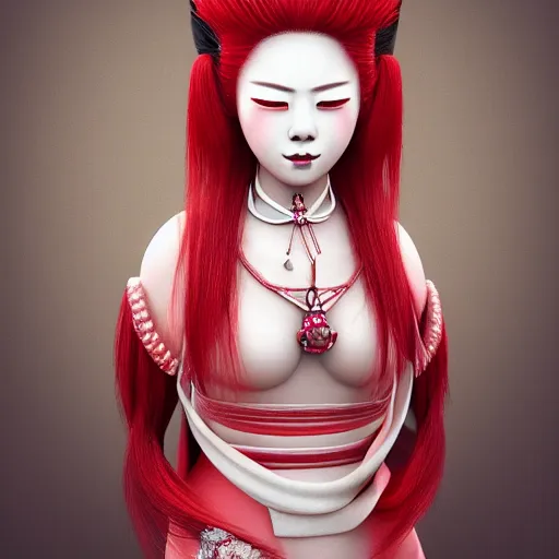 Prompt: albino maiko with a long fancy hair, detailed, jewelry, sakura, photograph, award wining, red and white, trending on artstation, 4 k, neon highlights