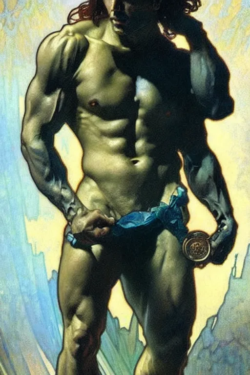 Prompt: a muscular man holding blue diamonds, fantasy, painting by greg rutkowski and alphonse mucha