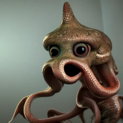 Image similar to hyperrealistic dslr film still of anthropomorphic bucktooth squid, early cuyler, stunning 8 k octane comprehensive 3 d render, inspired by istvan sandorfi & greg rutkowski & unreal engine, perfect symmetry, dim volumetric cinematic lighting, extremely hyper - detailed, extremely lifelike attributes & lifelike texture, intricate, masterpiece, artstation, stunning