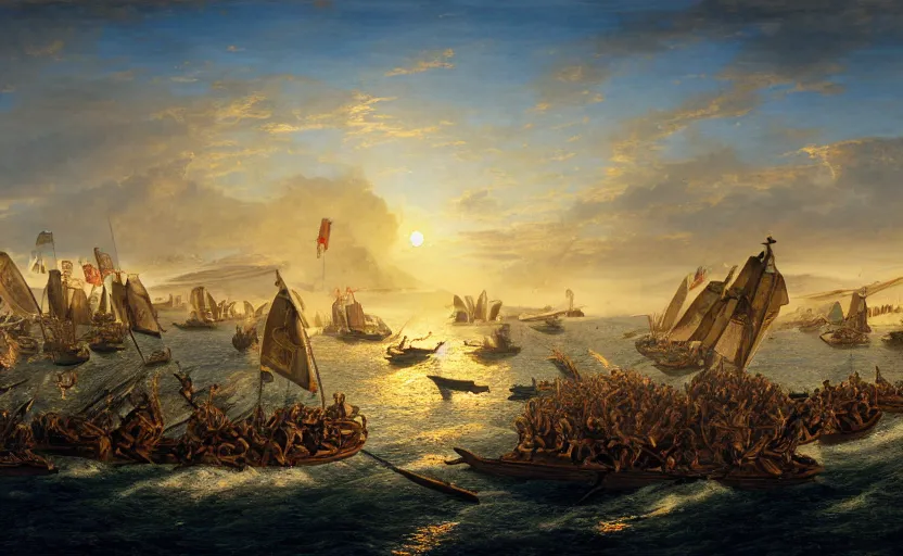 Prompt: the battle of salamis, photography, golden hour, extremely detailed, 4 k