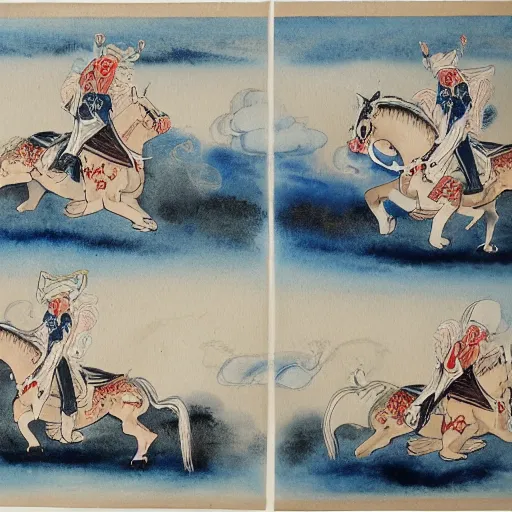 Image similar to four horsemen of apocalypse, in style of traditional japanese watercolor painting