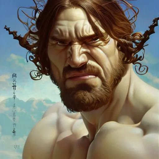 Image similar to hulking herculean ogre jesus christ, masterpiece, intricate, elegant, highly detailed, digital painting, artstation, concept art, smooth, sharp focus, illustration, art by artgerm and greg rutkowski and alphonse mucha and uang guangjian and gil elvgren and sachin teng, symmetry!!