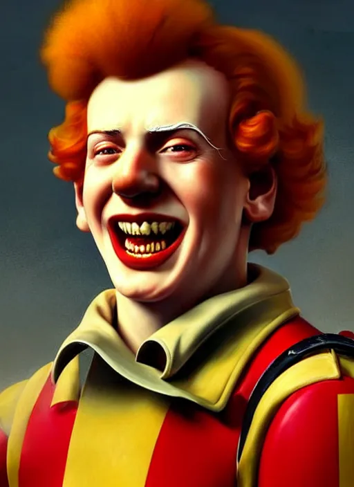 Image similar to ronald mcdonald during world war 2, rpg dnd oil _ painting _ unreal _ 5 _ daz. _ rpg _ portrait _ extremely _ detailed _ artgerm _ greg _ rutkowski _ greg