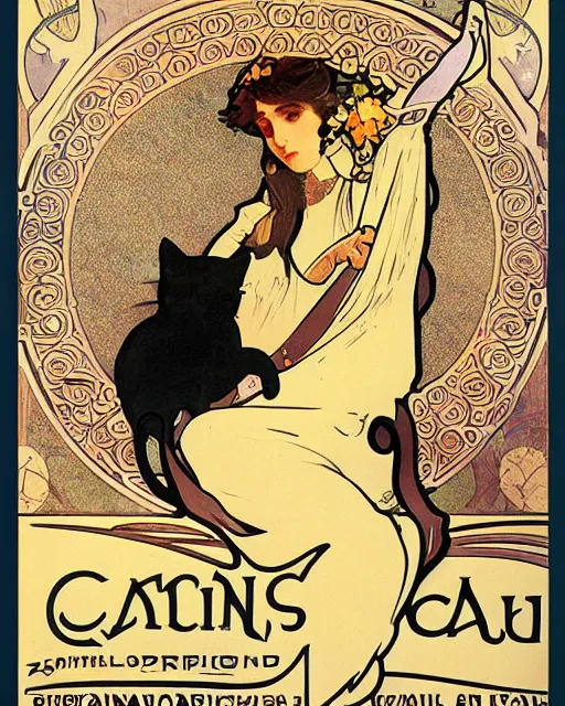 Image similar to art nouveau poster advertising a cat cafe by alphonse mucha, antique canvas texture