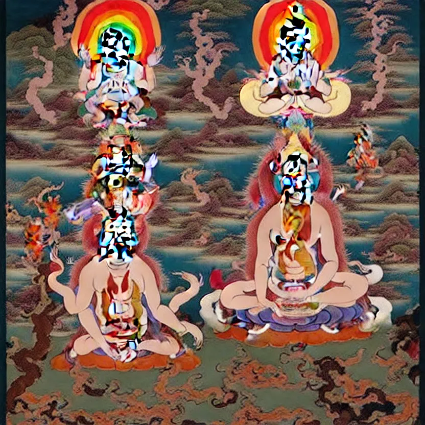 Image similar to a sacred painting of a beautiful flesh - eating timikawa with rainbow fur eating a screaming man, sitting on chair made of human limbs, the chair is floating in a lake of blood, surrounding the lake are melting trees, tibetan thangka, nightmare scene, supernatural, highly detailed, creepy, terrifying