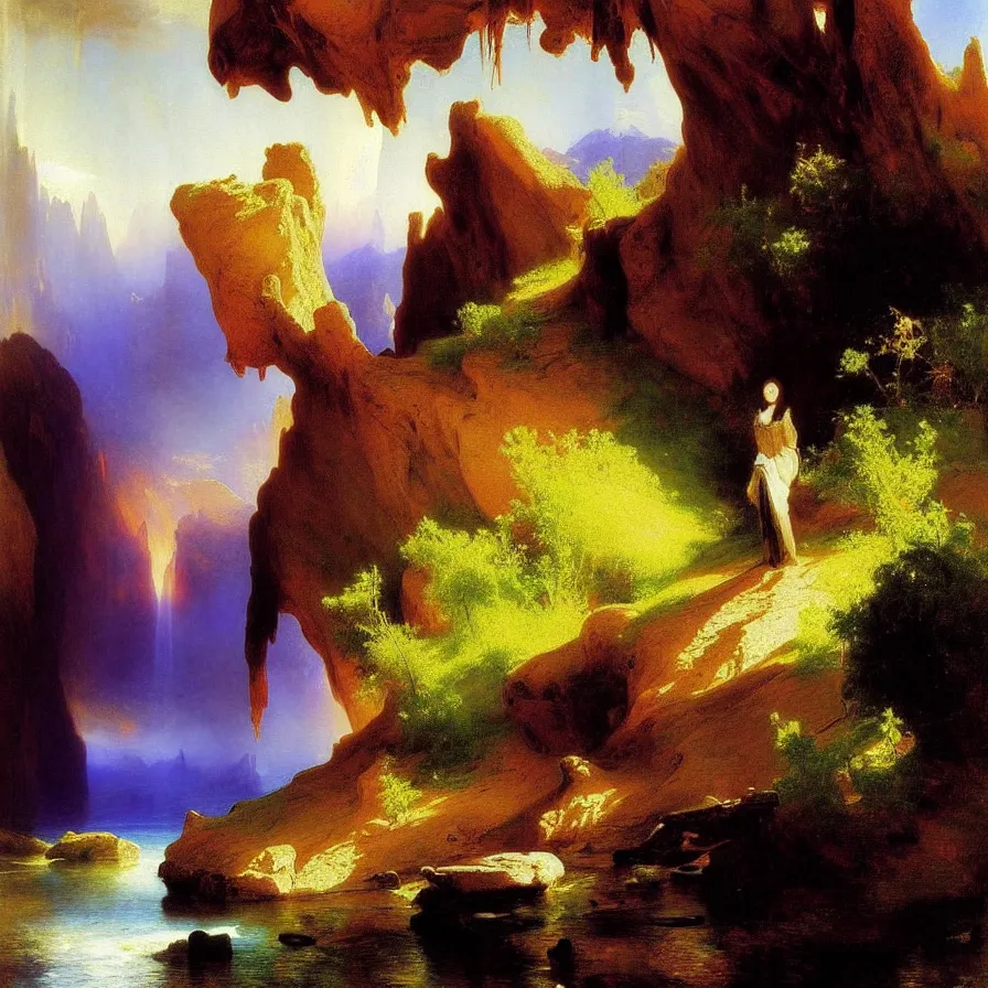 Prompt: artwork about a lonely life, painted by thomas moran and albert bierstadt. futurism, monochrome color scheme.