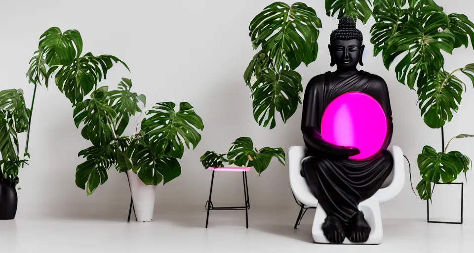 Image similar to Large format landscape of a black buddha sitting on a plastic chair, in a white exhibition space next to a neon pink light and a tropical plant, medium format camera, 85mm f1.8, bokeh, sharp focus, detailed, centered, interior design photoshoot,