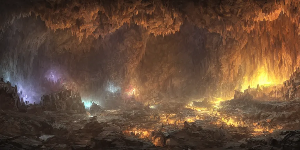 Image similar to fantasy matte painting of a cave with glowing crystals on the walls and piles of bones on the floor, fantasy, sharp focus, artstation