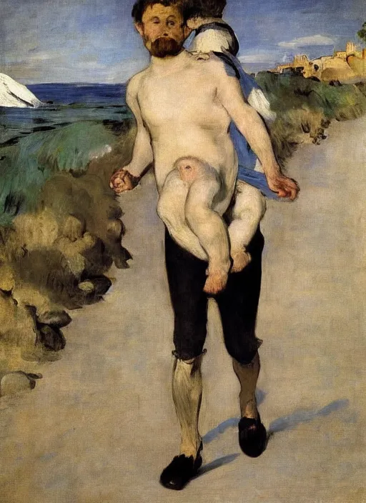 Image similar to a clothed man carrying his child over his shoulders walking near the beach, anatomically correct, painting by manet, masterpiece