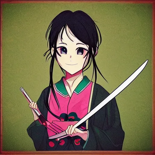 Image similar to “Detailed manga art of a beautiful Japanese girl holding a knife; loving expression; school uniform; high contrast; clean, sharp”