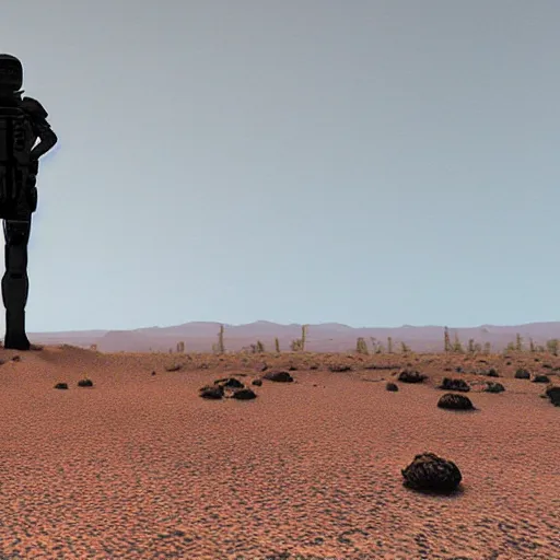 Prompt: the last man standing is on a desert planet waiting for rescue