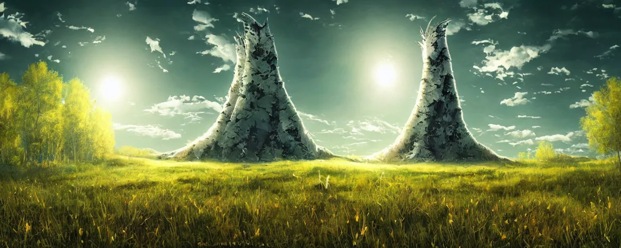 Prompt: large white alien tower in the centre of an open green grass field dotted with aspen trees, green grass, sun, digital art, high detail, post processing, high fantasy, concept art, soft lighting