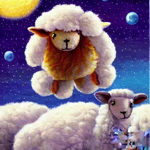 Prompt: cute wooly baby sheep jumping over the moon detailed magical realism painting