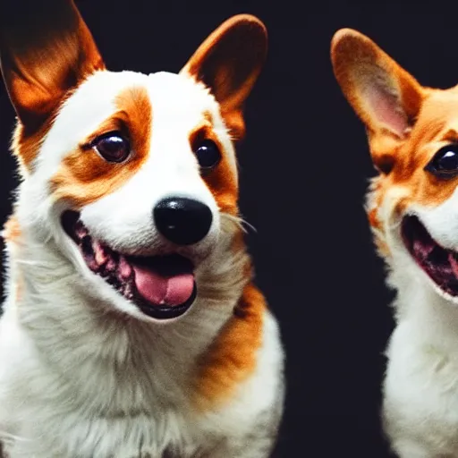 Image similar to a film still of a horror movie featuring two corgi dogs, clown faces, humanoid body, spooky, photography, award - winning, eerie, 4 k