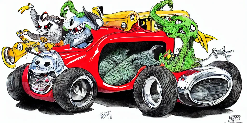 Image similar to racoon riding in a tiny hot rod coupe with oversized engine, ratfink style by ed roth, centered award winning watercolor pen illustration, by chihiro iwasaki, edited by range murata