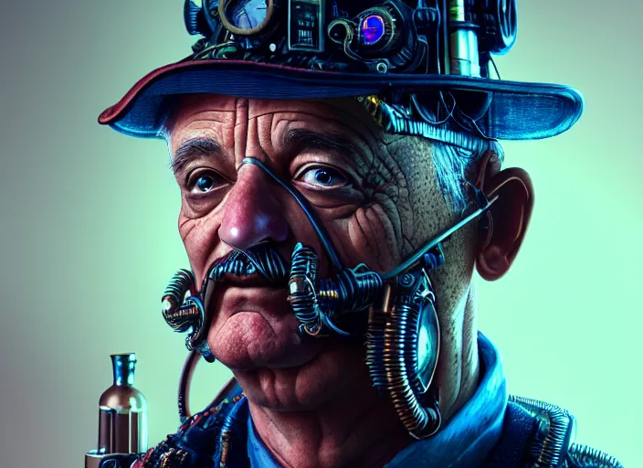 Prompt: an intricately detailed ultra - realistic unreal engine 5 rendering of a portrait of steampunk cyberpunk neon - bordered cyborg bill murray, concept art, intricate details, eerie, highly detailed, photorealistic, octane render, 8 k uhd art by kilian eng