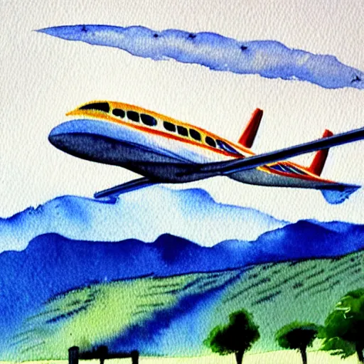 Prompt: flying airplane, watercolor painting