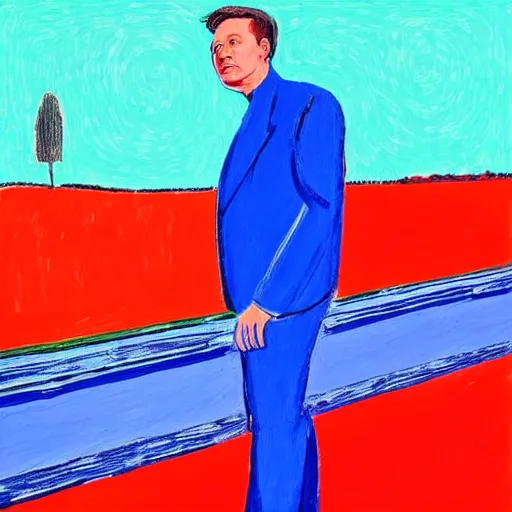 Prompt: elon musk in a painting by david hockney, picasso, ( van gogh ), on a bridge, in the sky, red, green, alpha