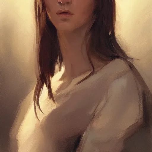 Image similar to Portrait of a woman by Greg Rutkowski, she is about 20 years old, brown long and straight hair, pretty oval face, attractive, sharp lines, Artstation HQ