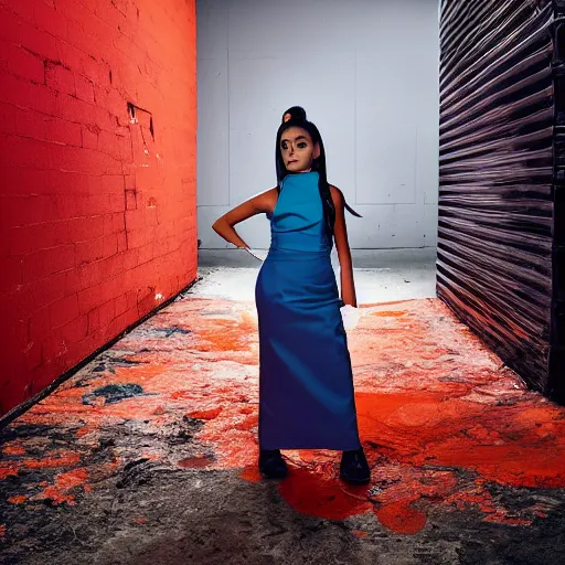 Prompt: the 2 0 2 2 award winning photo of ariana grande wearing a trash bag, cinematic, atmospheric, vivid, colorful, orange & teal, susan worsham photograph